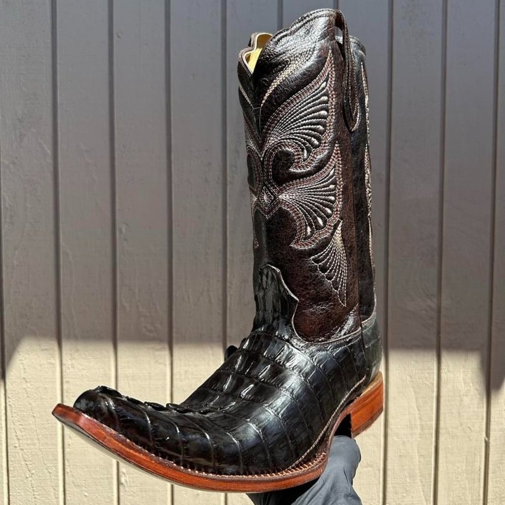 #44 Imitation Western Boot with Cocodrile Tail Details in Brown Color